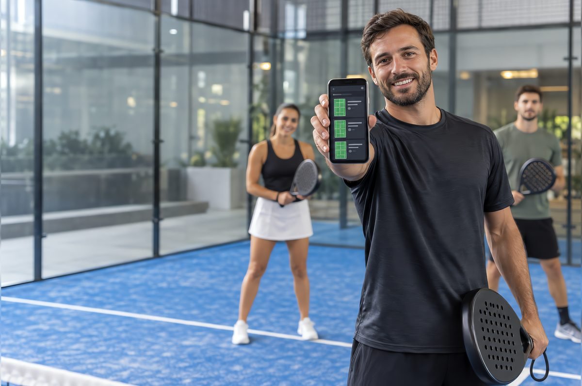 Maestro di padel in campo che mostra l'app